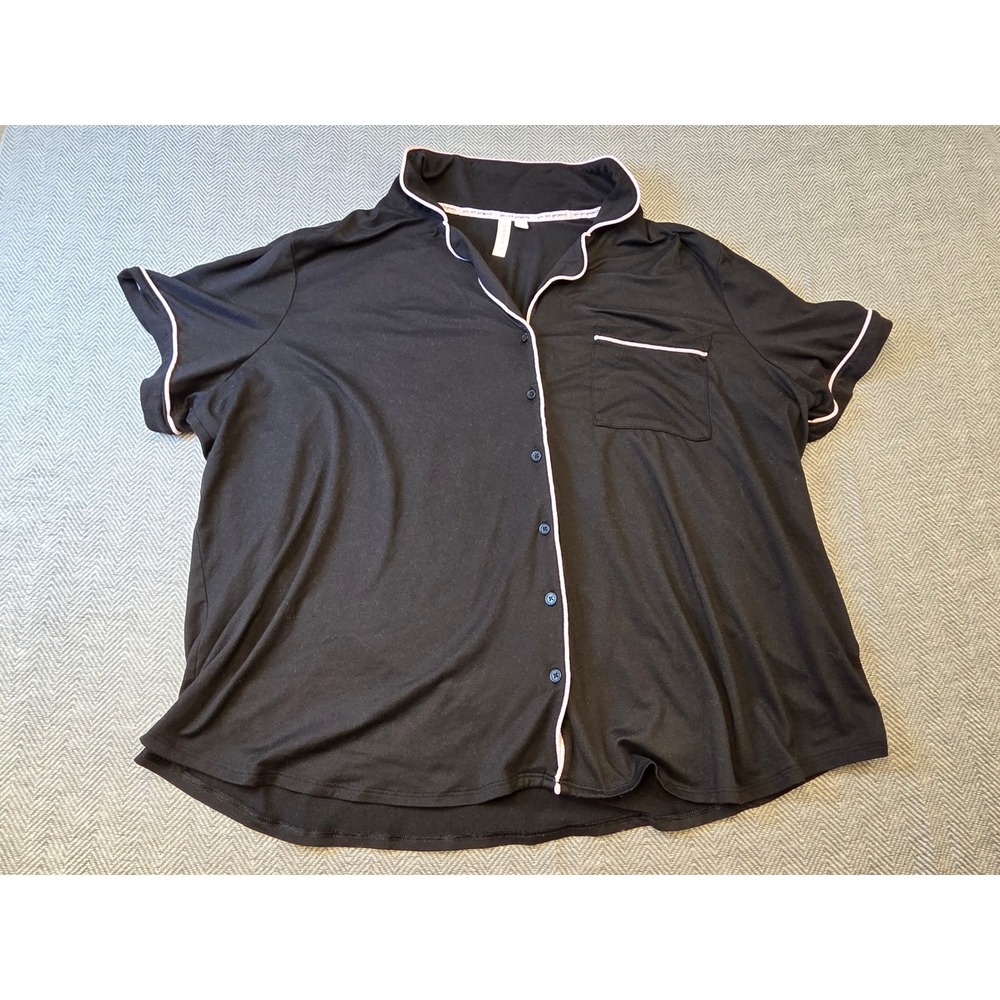 Joyspun Pajama Top Women's 3X Black Pink Piping Casual Short Sleeve Button Front